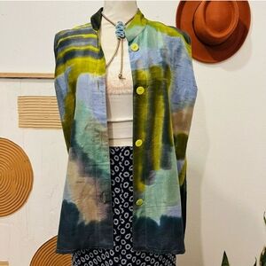 Vintage Chartreuse Abstract Print Button Up Vest Blouse